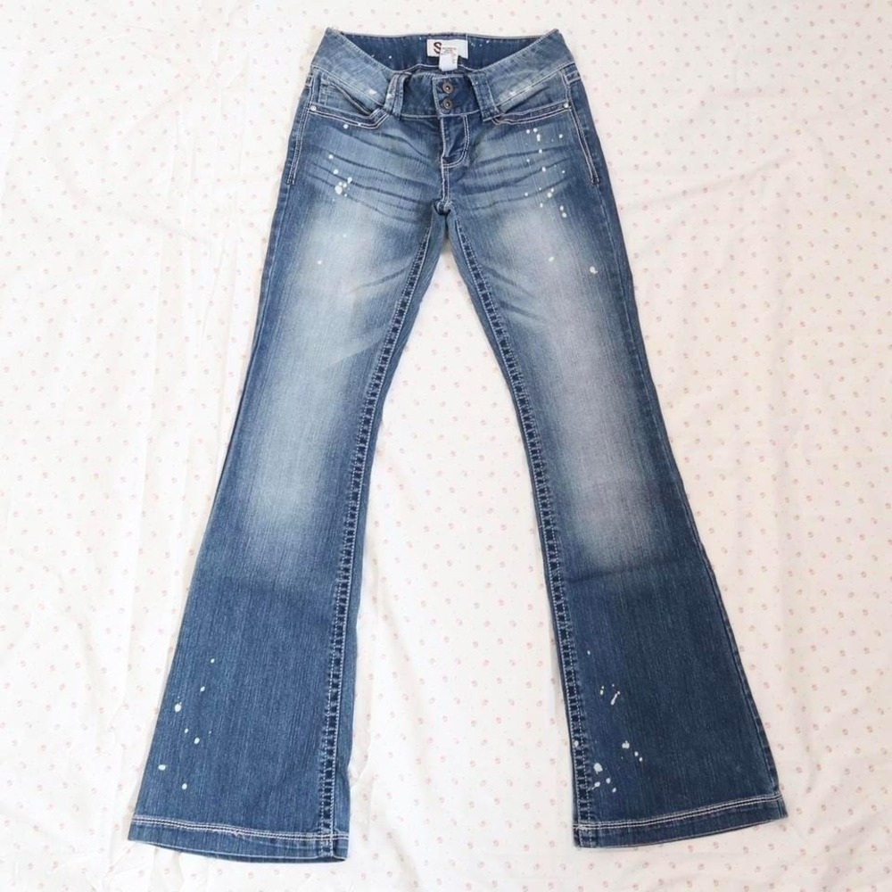 y2k paint splatter flare jeans low rise denim